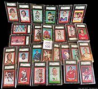 Overview of 35 SGC-graded 1973-74 O-Pee-Chee hockey cards laid out