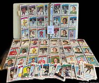 Binder pages displaying assorted 1976-77 OPC hockey cards organized in plastic sleeves