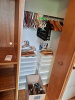 Photo showing two white plastic organizer cabinets with drawers inside a closet, various clothes hangers on the rod above them, and miscellaneous items in front.