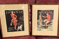 Pair of framed Ladies Home Journal magazine covers from 1930 and 1931 with bamboo-look wood frames displayed against a red backdrop.