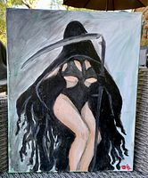 Full view of the signed oil painting on canvas showing the semi nude female figure with flowing black cloak and scythe. The painting is unframed, measuring about 16 x 20 inches.