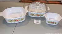 4-piece set of Corning Ware La Marjolaine Spice of Life bakeware with clear Pyrex lid, clean and excellent condition
