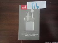 Photo of the original retail box for Hello 1 bilateral true wireless stereo earbuds showing earbuds and charging case image and product name.