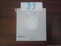 Front view of the S68 Pro True Wireless Stereo Earbuds box showing image of earbuds in charging case and product branding.