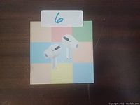 Photo of the wireless earbuds box showing the earbuds image on front with pastel multicolor squares background.