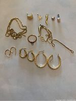 Overview of all jewelry laid out: earrings, chains, ring, misc items