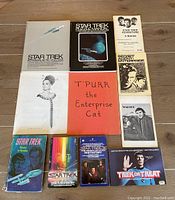 Overview photo of 11 various original series Star Trek books, magazines, fan fiction, puzzle manual, photostory, and songbook assorted on floor.