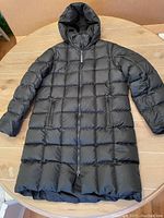 Front view of full-length black down-filled winter jacket with hood, zipper closure, laid flat.