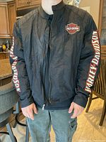 Man wearing a black Harley-Davidson fabric jacket with zipper, logos on chest and sleeves visible.