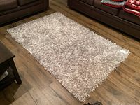 Photo of the entire soft, fluffy grey carpet placed on a wooden floor in a living room setting showing its size and condition.