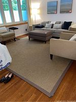 Full view of the woven area rug placed in a living room setting under furniture, showing overall color and texture.