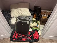 Full view of the luggage, storage baskets, plastic bins, bedspreads, and artificial flowers in a closet space.