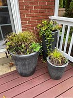 Three various-sized dark gray resin planters together on a wooden deck with plants showing some weathering and dead leaves.