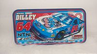 Rectangular metal wall decor sign featuring Mark Dilley #64 blue racing car with sponsor logos and autograph.