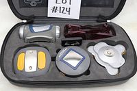 Top view of the Mastercraft laser level kit components arranged inside the open black carrying case.