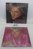 Photo of the two Rod Stewart vinyl LP records showing the album covers 'Foolish Behaviour' and 'Greatest Hits'. The records are standing upright on a white furry surface.