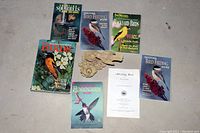 All bird and squirrel related books along with cream colored bird candle holder on floor.