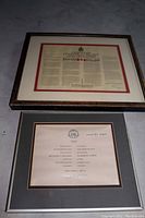 12 inch framed Queen's 25th Anniversary Medal presentation with official document and signatures, framed with grey and gold mat in wood frame.