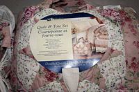 Label on quilt and tote set packaging showing product name, size, and care instructions.
