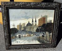 Frontal view of the framed oil painting showing the entire artwork, signature, and frame details.