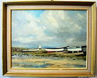 Frontal view of framed painting showing full composition of boats and sky