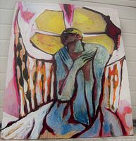 Front view of the figural abstract oil painting showing the entire artwork with a stylized figure and colorful geometric background.