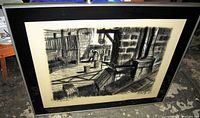 Framed monochrome charcoal drawing of an industrial scene with wooden frame and glass