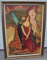 Front view of the framed abstract oil painting featuring two figural nude ladies.