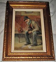 Frontal view of the original 1904 Henrie Pitcher oil painting on board in an ornate gilt wood frame showing the seated elderly man holding a cane indoors.