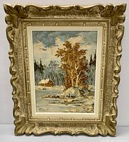 Front view of signed landscape painting in gilt wood frame