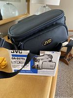 JVC camcorder box with a soft carrying case labeled JVC on top, placed on wooden surface