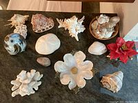 Top-down view of seashells, coral piece, ceramic flower dish, glass fish figurine, and a red poinsettia flower decoration on a dark green surface.