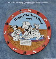 Round decorative plate with red border, white dog bones, black paw prints, and central image of Dalmatians and Happy Mother's Day 1998 text.