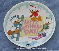 Front view of the 1996 Grolier Huey, Dewey, and Louie Mother's Day plate showing colorful cartoon duck characters and text