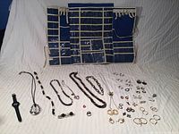 Photo showing various necklaces, rings, earrings, and the hanging jewelry sorter.