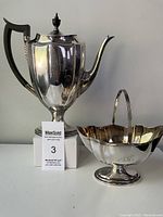 Full view of antique Mappin & Webb coffee pot and sugar caddy, showing size and design.