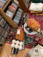 Full view of the lot on a colorful rug showing gloves, bats, balls, and bucket near wooden shelves