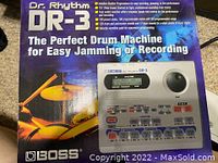 Photo of product box with label and image showing Boss Dr Rhythm DR-3 drum machine