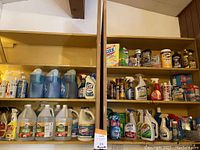 Wide view of shelves filled with various household cleaning supplies featuring Windex, Lysol, Clorox concentrated bleach, Purell sanitizers, Mr. Clean Magic Erasers and other cleaning products.