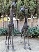 Front view of both giraffe statues standing side by side in yard