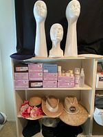 Wide view of shelves showing boxed wigs, three mannequin heads, various hats and wig care products.