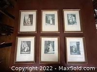 Front view showing six antique-style wooden picture frames with gold-tone finish. Each frame contains a black and white classical or historical print of various figures and scenes.