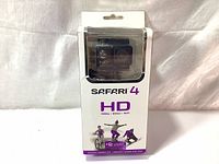 Safari 4 HD action camera in original packaging showing front of the box with branding and key features.