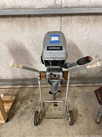 Front view of Evinrude outboard motor on metal stand with wheels