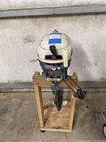 Front view of Evinrude 3 HP outboard motor on wooden stand, showing controls and motor body.