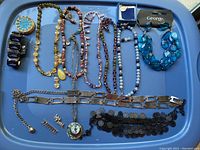Top view of assorted costume jewelry on blue tray including multiple bead necklaces, bracelets, pendant necklace, clip earrings, and brooch pin