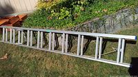 Full view of aluminum extension ladder laid on grass showing overall length and condition.