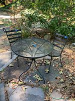 Full view of round metal table with umbrella hole and two matching metal chairs on stone patio surrounded by foliage and dry leaves