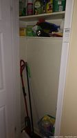 Photo shows cleaning tools including mops and cleaning solvents on the floor and on the shelf in a closet area.