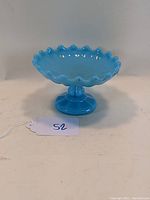 Front angled view of a blue opaline/Delphite glass compote showing ruffled edges and pedestal base.
